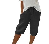 Keepink Leinen-Shorts für Damen, elastische Taille, knielang, Sommer-Shorts, weites Bein, Lounge-Bermuda-Shorts, Sweat-Shorts, lange Shorts, sportliche kurze Jogginghose, Größe S-3XL, 1 x Schwarz, 40