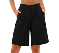 Keepink Leinen-Shorts für Damen, weites Bein, knielang, elegant, leger, Sommer, hohe Taille, Bermuda-Shorts mit Tasche, kurze Hose, Lounge, Arbeit, Strand, Outfits, 1 & Schwarz, M