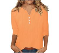 Keepink Leinen-Tops für Damen, Sommer, lässig, Henley-Shirt, klassisch, einfarbig, T-Shirt, 3/4-Ärmel, V-Ausschnitt, elegant, lässig, Tunika, Blusen, leichtes T-Shirt, Damen-Top, Übergröße, 6 Orange,