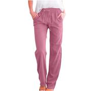 Keepink Leinenhose für Damen, Übergröße, Sommer, weites Bein, einfarbig, Kordelzug, elastische Taille, Hose, Baggy, Loungehose, Bohemian, Urlaub, Strand, Freizeithose, Damen-Sweathose, 8 Rosa, 34