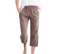 Keepink Leinenhose für Damen, zierlich, weites Bein, kurze Hose, Kordelzug, elastisch, hohe Taille, Sommer, lässig, Strandhose, leicht, gerades Bein, Jogginghose, 3 Braun, 44