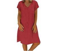 Keepink Leinenkleider für Damen, Übergröße, einfarbig, Sommerkleid, lässig, V-Ausschnitt, kurzärmelig, knielang, T-Shirts, Kleider, Strandkleid, lockeres Tunika-Kleid, Etuikleid, 5 Rot, 36