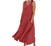 Keepink Leinenkleider für Damen, Übergröße, lässiges Maxi-Sommerkleid, Sommerkleid, Strandkleid, Baggy, lange Kleider, U-Ausschnitt, ärmelloses Tankkleid mit Taschen, S-5XL, 4 Rot, 46