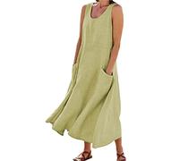 Keepink Leinenkleider für Damen, Übergröße, lässiges Maxi-Sommerkleid, Sommerkleid, Strandkleid, Baggy, lange Kleider, U-Ausschnitt, ärmelloses Tankkleid mit Taschen, S-5XL, 2 GRÜN, 44
