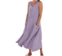 Keepink Leinenkleider für Damen, Übergröße, lässiges Maxi-Sommerkleid, Sommerkleid, Strandkleid, Baggy, lange Kleider, U-Ausschnitt, ärmelloses Tankkleid mit Taschen, Größe S-5XL, 2 lila, 52