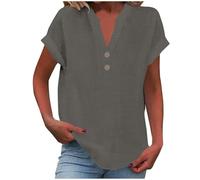 Keepink Leinenoberteile für Damen, Übergröße, 36-50, Sommer, kurzärmelig, einfarbig, V-Ausschnitt, elegant, lockere Passform, Tunika, Blusen, lässig, elegante Hemden, Pullover, T-Shirts, 70 Dunkelgrau