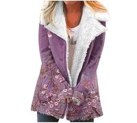 Keepink Mäntel für Damen, Winterjacke, langärmelig, Teddy-Fleece-Jacken, trendig, bedruckt, thermisch, dick, warm, lässig, Knopfleiste, Kapuzenjacke, Übermantel, Oberbekleidung, Taschen, 1 x Violett,