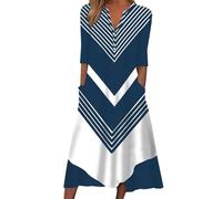 Keepink Midi-Kleider für Damen, kurzärmelig, V-Ausschnitt, Knopf, Boho-Blumenkleid, Sommer, lässig, lange Kleider für Laydies mit Taschen, elegantes T-Shirt, Strand, Urlaub, Sommerkleid, 5 x Blau, 42