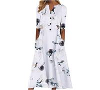 Keepink Midi-Kleider für Damen, kurzärmelig, V-Ausschnitt, Knopf, Boho-Blumenkleid, Sommer, lässig, lange Kleider für Laydies mit Taschen, elegantes T-Shirt, Strand, Urlaub, Sommerkleid, 6 x Weiß, 46