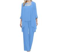 Keepink Mutter der Braut Outfits Damen Spitze Ärmellos Chiffon Shirt Einfarbig Front Cardigan Hohe Taille Party Festliche Hose Tüll Cardigan Vintage 3 Stück Business Anzug, 01 blau, 48