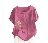 Keepink Oberteil in Übergröße für Damen 36-50, lässiges Leinen-Kurzarm-Top, elegantes Blumenmuster, Sommer-Top, lockeres Boho-T-Shirt, elegant, lässig, Tunika, Hemd für Arbeit, Ausgehen, Urlaub, 4 Hot