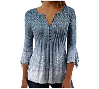 Keepink Oberteil mit 3/4-Ärmeln für Damen, plissiert, V-Ausschnitt, Knopfleiste, lässig, Blumendruck, elegant, Dreiviertel-Länge, Tunika-Top, lange Hemden, Baggy-Swing-Pullover, 2 x Blau., 42