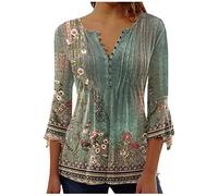 Keepink Oberteil mit 3/4-Ärmeln für Damen, plissiert, V-Ausschnitt, Knopfleiste, lässig, Blumendruck, elegant, Dreiviertel-Länge, Tunika-Top, lange Hemden, Baggy-Swing-Pullover, 1 x Armeegrün, 38