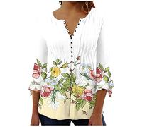Keepink Oberteil mit 3/4-Ärmeln für Damen, plissiert, V-Ausschnitt, Knopfleiste, lässig, Blumendruck, elegant, Dreiviertel-Länge, Tunika-Top, lange Hemden, Baggy-Swing-Pullover, 1 x Gelb, 44