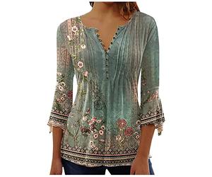 Keepink Oberteil mit 3/4-Ärmeln für Damen, plissiert, V-Ausschnitt, Knopfleiste, lässig, Blumendruck, elegant, Dreiviertel-Länge, Tunika-Top, lange Hemden, Baggy-Swing-Pullover, 1 x Armeegrün, 34