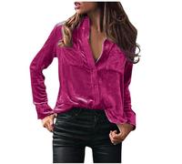 Keepink Samt-Oberteile für Damen Vintage Langarm-Knopfleisten-Hemden Elegante Bluse mit Tasche Winter Casual Weiche Kleid-Oberteile Hemden Revers Einfarbig Business Polo-Shirt, L