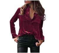 Keepink Samt-Oberteile für Damen, Vintage-Langarm-Shirt, Knopfleiste, elegante Bluse für Tasche, Winter, lässig, weiches Kleid, Tops, Hemden, Revers, Tops, einfarbig, Business-Poloshirt, 056 Wine, M