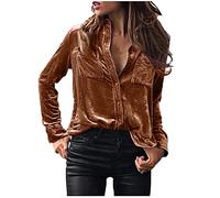 Keepink Samt-Oberteile für Damen, Vintage-Langarm-Shirt, Knopfleiste, elegante Bluse für Tasche, Winter, lässig, weiches Kleid, Tops, Hemden, Revers, Tops, einfarbig, Business-Poloshirt, 061 Coffee,