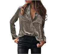 Keepink Samt-Oberteile für Frauen Vintage Langarmshirt mit Knöpfen Elegante Bluse für Winter Casual Weiches Kleid Oberteile Hemden mit Revers Einfarbig Business Poloshirt, S