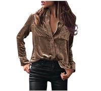 Keepink Samt-Oberteile für Frauen Vintage Langarmshirt mit Knöpfen Elegante Bluse für Winter-Casual-Soft-Dress-Oberteile Hemden mit Kragen Einfarbiges Business-Polohemd, XL