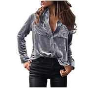 Keepink Samt-Oberteile für Frauen Vintage Langarmshirt mit Knöpfen Elegante Bluse für Winter-Casual-Soft-Dress-Oberteile Hemden mit Kragen Einfarbiges Business-Polohemd, XL