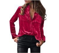 Keepink Samt-Oberteile für Frauen Vintage Langarmshirt mit Knöpfen Elegante Bluse mit Tasche Winter Casual Weiches Kleid Oberteile Hemden Revers Einfarbig Business Polo-Hemd, L