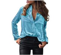 Keepink Samt-Oberteile für Frauen Vintage Langarmshirt mit Knöpfen Elegante Bluse mit Tasche Winter Casual Weiches Kleid Oberteile Hemden Revers Einfarbig Business Polo-Shirt, XL