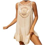 Keepink Schwimm-Cover Ups für Damen, Bikini, Badeanzug, gehäkelt, Strandkleid, ärmellos, Mini-Kleid, Boho, Sonnenkleid, kurzes Coverup, Strandmode, fließendes Tankkleid, 1 x Beige, Einheitsgröße