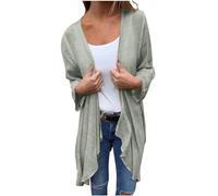 Keepink Sommer-Strickjacke für Damen, leicht, einfarbig, vorne offen, langärmelig, lässig, mit Splitter, Flachs, weich, atmungsaktiv, mittellang, Größe M-3XL, 0113 Grün, 42