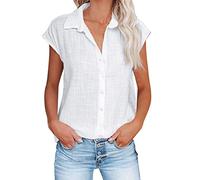 Keepink Sommer-Tops für Damen, 2024, Baumwoll-Leinen, Knopfleiste, elegant, Flügelärmel, Kragen, Business, Freizeit, Bluse, einfarbig, Tunika, Tops, elegant, Arbeits-T-Shirt, Damenbluse, Größe L, 2 x