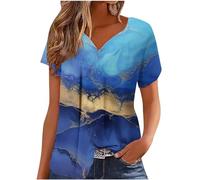 Keepink Sommer-Tops für Damen, Übergröße, lässig, locker, V-Ausschnitt, kurze Ärmel, plissiert, T-Shirt, Bluse, fließender Pullover, Tunika, Shirts, unverzichtbar für den Sommerurlaub, 0260 Blau,