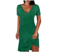 Keepink Sommerkleider für Damen, aus Baumwolle, kurzes Kleid, einfarbig, V-Ausschnitt, kurzärmelig, A-Linie, Tunika-Kleid für Hochzeitsgäste, Größe 36-44, 1 x Grün., 38