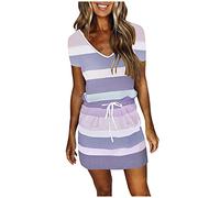 Keepink Sommerkleider für Damen, kurzärmelig, V-Ausschnitt, T-Shirts, Kleider, lässig, gestreiftes Kleid, Taillengürtel, A-Linie, kurze Kleider mit Taschen, Swing, Strandkleid, Urlaubskleid,