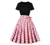 Keepink Sommerkleider für Damen, Vintage-Kleider im Stil der 50er und 60er Jahre, lässig, kurzärmelig, ausgestelltes Kleid, Vintage-Kleid mit Gürtel, Empire-Taille, Cocktail-Party, Anlass, 9 x Pink,