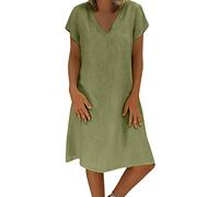 Keepink Sommerkleider in Übergröße für Damen, Größe 36-50, Leinen-T-Shirt-Kleid, einfarbig, lässig, V-Ausschnitt, Midi-Kleid, kurzärmelig, Sommerkleid, elegante Tunika-Kleider für den Urlaub, für den