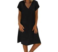 Keepink Sommerkleider in Übergröße für Damen, Größe 36-50, Leinen-T-Shirt-Kleid, einfarbig, lässig, V-Ausschnitt, Midi-Kleid, kurzärmelig, Sommerkleid, elegante Tunika-Kleider für den Urlaub, für den