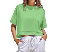 Keepink Sport-Tops für Damen, bauchfrei, kurzärmelig, einfarbig, übergroße T-Shirts, Sommer-T-Shirts, Rundhalsausschnitt, lässige Blusen, Baggy, athletische Passform, Y2K, Pullover, Strandurlaub, 1