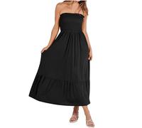 Keepink Strandkleider für Damen, Sommer, trägerlos, Schlauchkleid, Rüschen, gestuft, Maxikleid, gesmoktes Bandeau-Kleid, schulterfrei, Boho-Kleid, lässig, Schlauch-Tops, A-Linien-Kleid, 1 x Schwarz, L