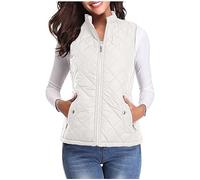 Keepink Weste für Damen, Größe 36-44, Bodywarmer, ärmellos, Stehkragen, leichte Steppmäntel, mit Reißverschluss, schmale Passform, kurze Pufferweste, Winter-Oberbekleidung, Taschen, 1 x Weiß, 14