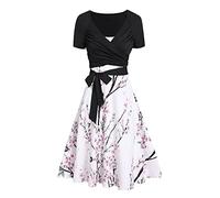 Keepink Zweiteiliges Kleid für Damen, lässig, Blumendruck, Ärmel, Cami-Kleid mit kurzen Ärmeln, Festival-Outfit, elegante Damenkleider für Hochzeit, Gast, Abendurlaub, 1 x Schwarz, 34