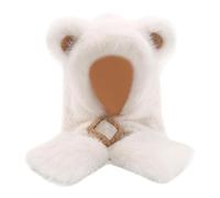 Keeplus Plush Bear Ear Hooded Scarf, 2 in 1 Damen Kawaii Bear Ear Beanie Mütze Schal, Damen Winter Warm Mütze und Lang Scarf Set, Beanie-Mütze, Kombi-Kapuze Schal Set für Frauen (Weiß)