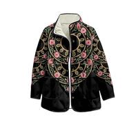 keepmore Damen Fleecepullover mit Blumenmuster Langarm offene Cardigans Stehkragen durchgehende Knopfleiste leichte Oberbekleidung mit Tasche