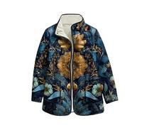 keepmore Damen Fleecepullover mit Blumenmuster Langarm offene Cardigans Stehkragen durchgehende Knopfleiste leichte Oberbekleidung mit Tasche