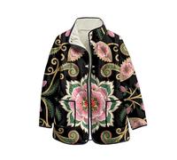 keepmore Damen Fleecepullover mit Blumenmuster Langarm offene Cardigans Stehkragen durchgehende Knopfleiste leichte Oberbekleidung mit Tasche