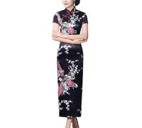 keepmore Mode Sommer Pfau Print Satin Lang Cheongsam Chinesischer Stil Frauen Slim Qipao Kleid