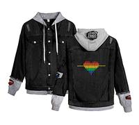 keepmore Unisex Lässig Langarm Jeansjacke mit Kapuze LGBT Homosexuell Stolz Regenbogen Lesben Gefälschte Zwei Jacke Love is Love Pride Month