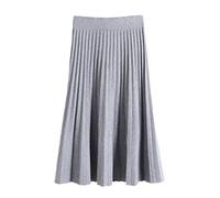 KEHAIOO Frühling Herbst Frauen Gestrickter Midirock Schwarz A-Linie Hohe Taille Plissee Elegant Rock, Hellgrau, 40