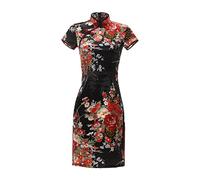 KEHAIOO Mini-Kleid mit schwarzem Blumenmotiv, Cheongsam, sexy geteiltes Qipao, chinesisches Kleid, Satin, weiblich, Mandarinenkragen, schwarz c, Medium