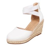 Keilsandalen für Damen, Sommer, Espadrilles, flache Plateauschuhe, geschlossener Zehenbereich, Komfort, Knöchelriemen, Vintage, Urlaub, Absatzschuh, für Damen, weiß, 38 EU