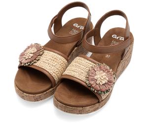 Keilsandalette ARA "RIMINI", Damen, Gr. 38, cognac, natur, Bast, Glattleder, Schuhe, Plateau, Riemchensandale, Sommerschuh mit schöner Blüte, G-Weite (51611848-38) cognac, natur
